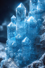 Obraz premium stunning digital ice cave featuring glowing blue crystals that pulse with light, creating magical atmosphere