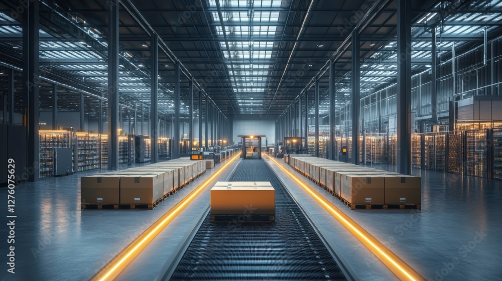 Poster a spacious, modern warehouse with illuminated pathways and stacks of boxes organized along the conve