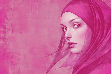 Portrait of a woman wearing a bright pink headscarf with a soft expression against a textured pink background