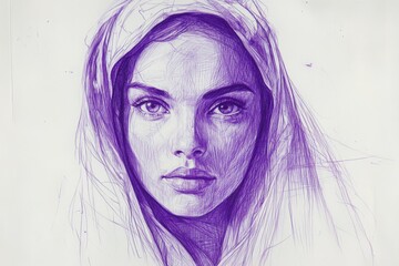 Artistic portrayal of a woman with a hood created in purple ink showcasing detailed facial features and expression