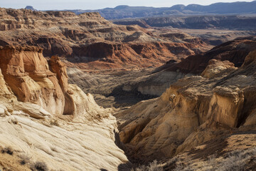 A dramatic desert canyon landscape with intricate, weathered rock formations, deep red and orange hues, and soft shadows stretching across the vast, arid terrain.