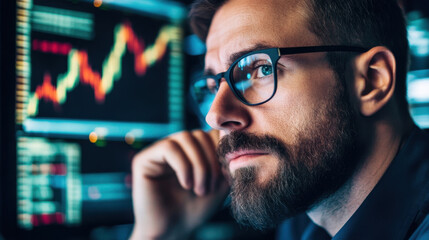 Focused man analyzing financial data on multiple screens, showcasing stock market trends and graphs. His expression reflects deep concentration and insight into finance