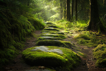 Obraz premium A lush, moss-covered stone pathway winding through a quiet, ancient forest bathed in dappled light.