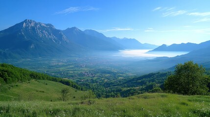 Mountain valley sunrise mist scenic landscape
