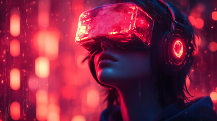 Woman in VR Headset  Cyberpunk  Neon Lights  Futuristic Technology