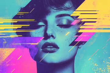 Fototapeta premium A high-contrast risograph portrait background, featuring misaligned vibrant cyan, magenta, and yellow layers, with abstract ink textures and a grainy halftone effect.