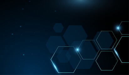 A technolgy abstract background with collection of neon blue hexagons floats in a dark space, illuminated by soft glowing edges. vector and illustration.
