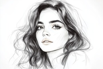 Fototapeta premium Elegant sketch of a young woman with wavy hair expressing a thoughtful emotion in black and white