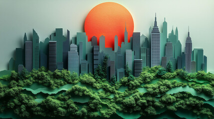 Naklejka premium Green Cityscape Urban Skyline Sunset
