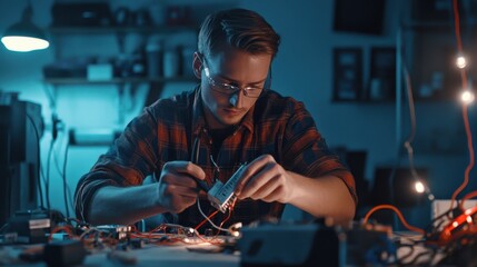 A technician troubleshooting damaged cables in a professional workroom. Featuring problem-solving and technical knowledge