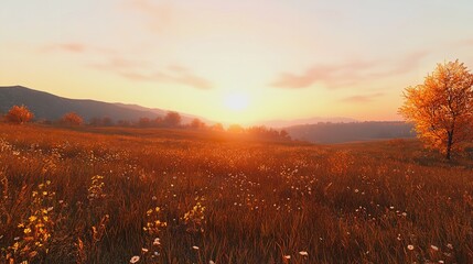 Serene Autumn Sunset Landscape Golden Meadow Peaceful Nature Scenery Tranquil Field Beautiful Sunrise Rural View        