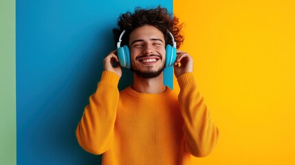 Modern and cool man listening music on headphones with smiley and happy attitude on trendy color background
