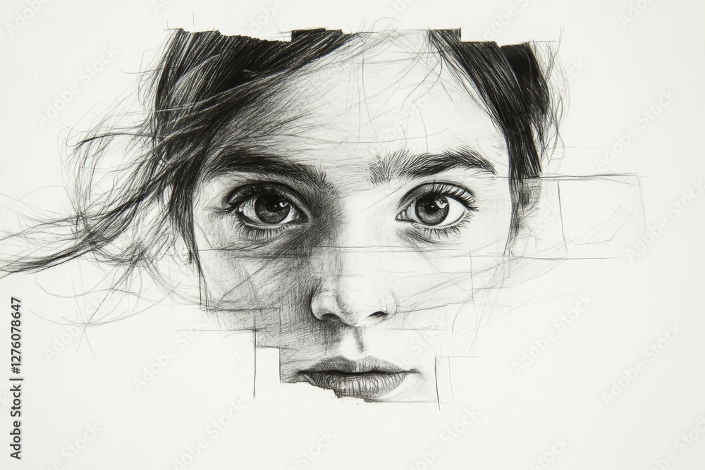 Aufkleber intricate pencil sketch of a girl with expressive eyes and a fragmented background, showcasing fine 