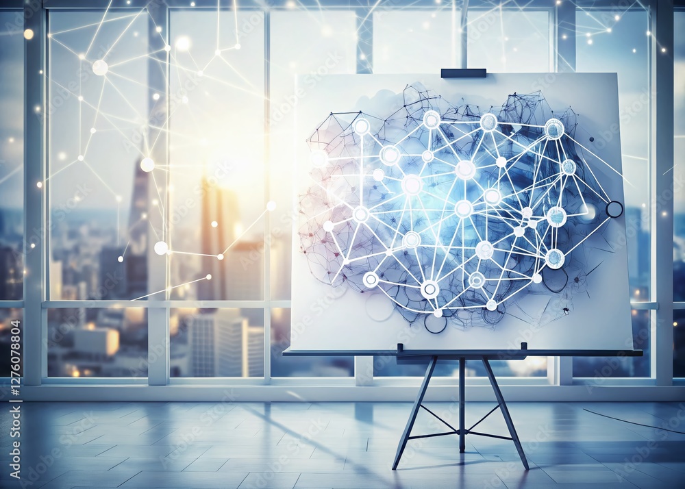 Poster ai double exposure: whiteboard & abstract neural network on white background