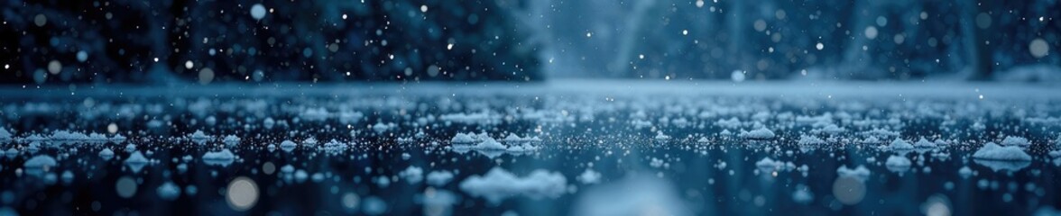A flurry of snowflakes falls onto a black and icy lake surface, winter, snowfall