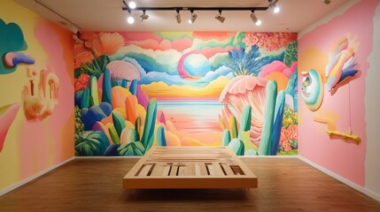 Surreal colorful mural art installation in gallery.