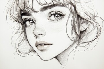 Fototapeta premium Detailed portrait of a young woman with soft features and expressive eyes in a creative sketch style