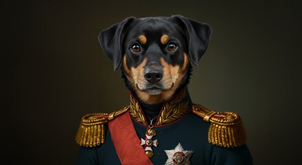 Dog Portrait in Military Uniform - Humorous Animal Theme Artwork
