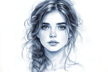 Fototapeta premium Drawing of a young woman with braided hair and expressive eyes in a soft blue color scheme created with pencil techniques