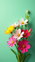 Naklejka premium A bouquet of bright colored flowers on a light green background with a natural texture, blossoms, backdrop