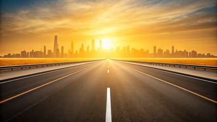 Asphalt Road Leading to a City Skyline at Sunset