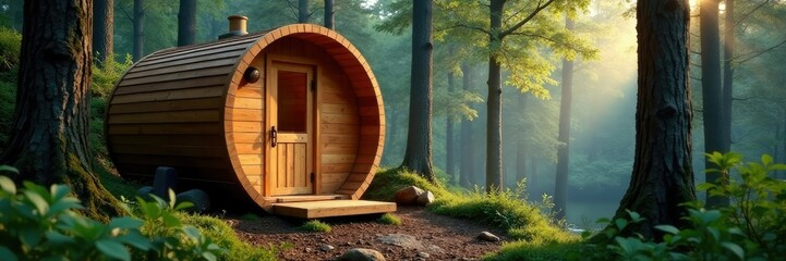 A wooden barrel sauna blends with its surroundings in the forest, forest trees, nature scenes