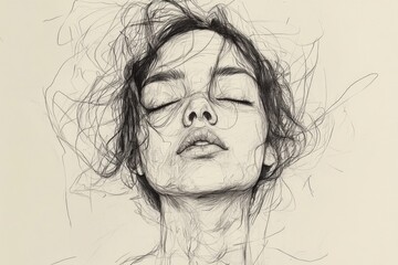 Fototapeta premium Expressive portrait of a woman with closed eyes amidst swirling lines and texture