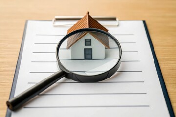 House Model Under Magnifying Glass on Clipboard