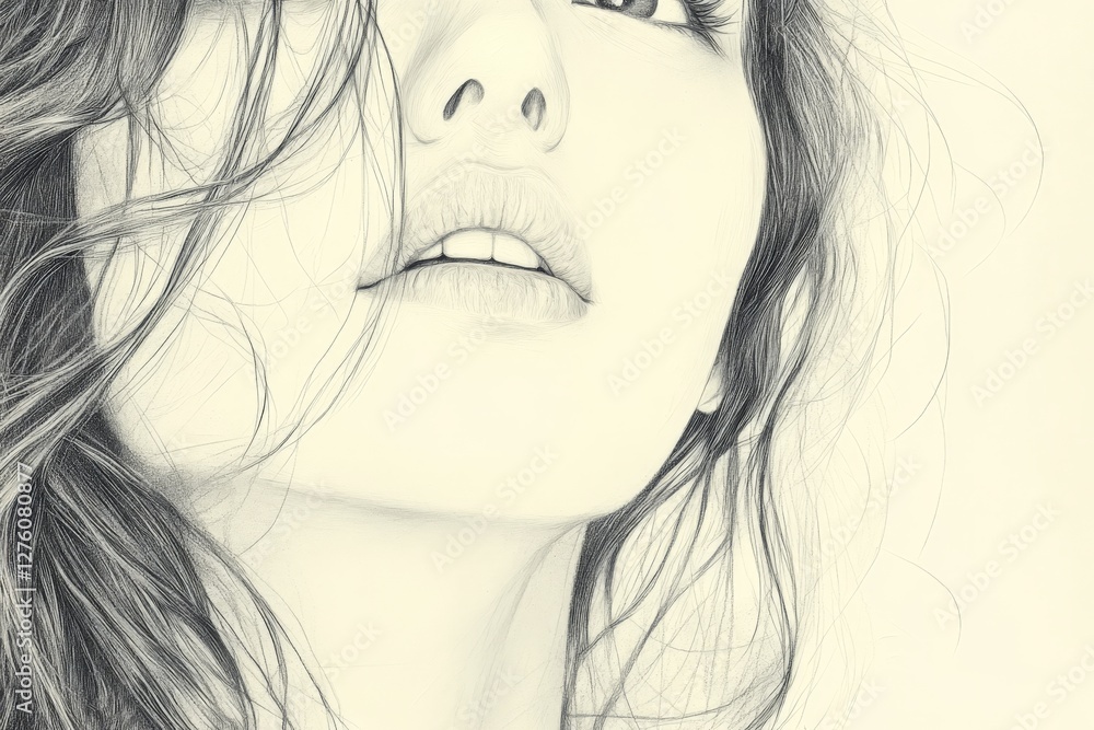 Poster realistic portrait drawing of a woman showcasing intricate details and soft facial features in a ser