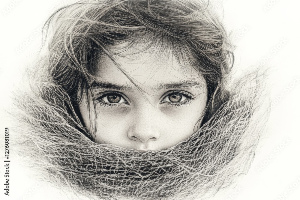 Poster girl with expressive eyes wrapped in a scarf on a chilly day displaying intricate details of emotion