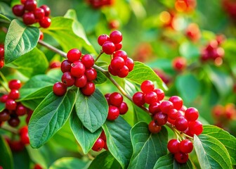 Amur Honeysuckle Berries: Minimalist Red Berries on Green Leaves