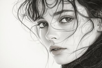 Fototapeta premium Portrait of a young woman with expressive features and flowing hair in soft monochrome tones