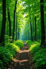 Obraz premium Forest path through dense green trees and foliage, nature, lakeside