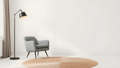 Well-lit room with gray chair, round rug, and modern lamp against blank wall