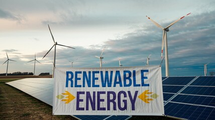 Renewable Energy Banner with Wind Turbines and Solar Panels in Vast Field Under Overcast Sky