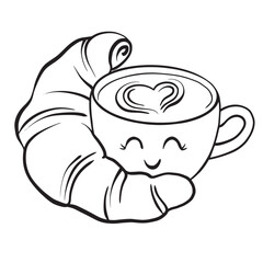Cartoon Cup and Croissant Hugging. Colorless Black and White Illustration
