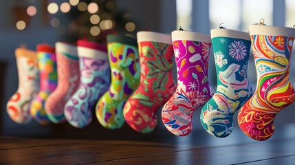 A row of colorful christmas stockings. Christmas stockings with a sock. A festive set of patterns. A line of vibrant christmas stockings lifestyle.
