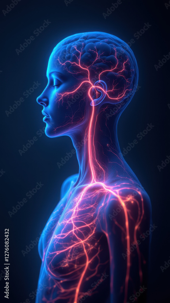Poster vagus nerve stimulation concept with glowing brain and spinal cord, representing neural pathways aff