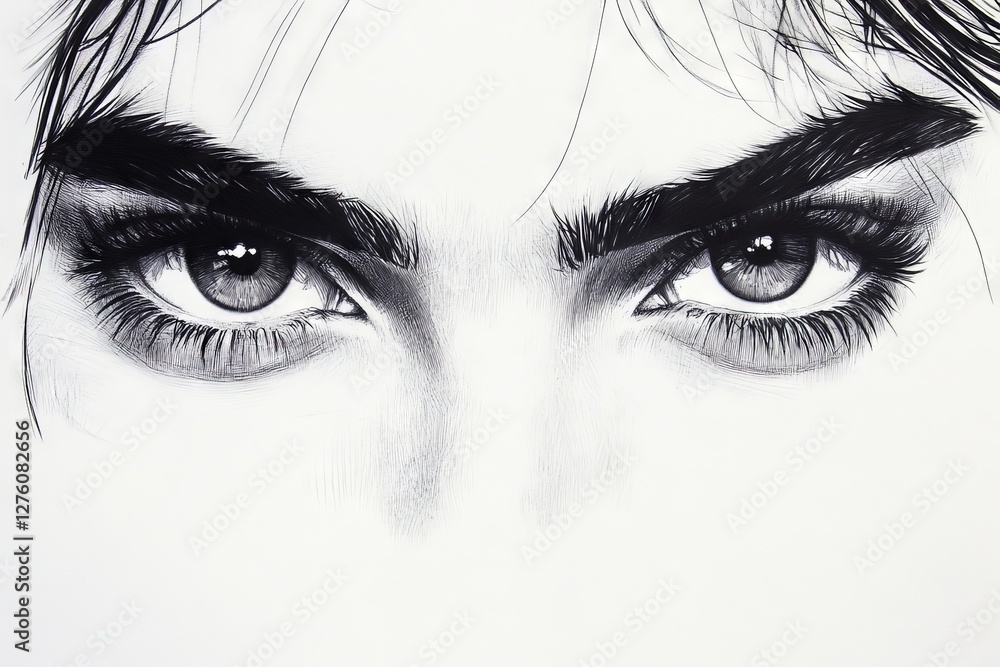 Poster detailed pencil sketch of expressive eyes showcasing intricate shading techniques and realistic feat