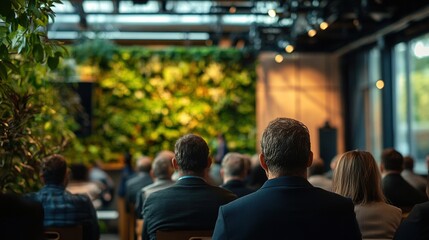 Fototapeta premium A net-zero business event where industry leaders discuss strategies to achieve carbon neutrality.