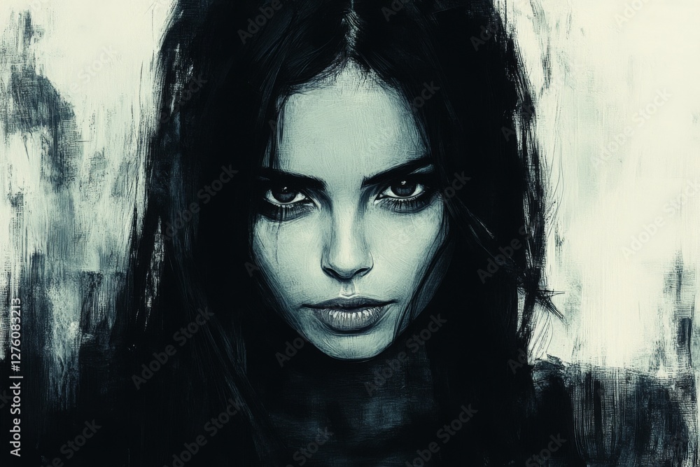 Poster dark portrait of a confident woman with striking features and intense gaze in a muted color palette