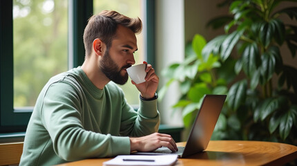 Man Working Remotely on a Laptop in a Rustic Apartment by a Large Window Overlooking the Garden  and Holding Coffee