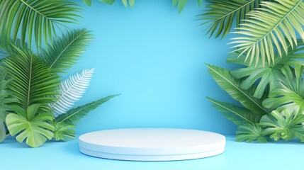 Fototapeta premium Tropical Product Display Platform with Lush Green Leaves