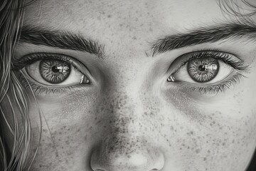 Obraz premium Close-up view of a young person's expressive eyes showcasing freckles and intricate details in natural light