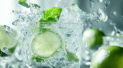 Refreshing cocktail with lime and mint splashing in a glass, surrounded by limes, in a vibrant setting