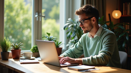 Man Working Remotely on a Laptop in a Apartment by a Large Window Overlooking the Garden, Wearing Glasses and Holding Coffee