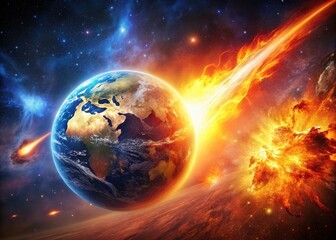 Obraz premium Apocalyptic Double Exposure: Comet Impact on Earth, Fiery Celestial Collision