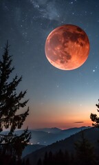 Naklejka premium Dramatic Total Lunar Eclipse with a Blood-Red Moon, Starry Night Sky, and Silhouetted Landscape, Capturing the Ethereal Beauty of This Celestial Event.