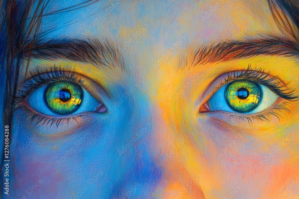 Poster Vibrant close-up of captivating eyes displaying colorful reflections and intricate details in a stunning artwork
