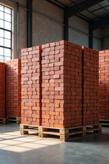stacks of neatly stacked bricks are seen placed on wooden pallets in an industrial warehouse, natural light